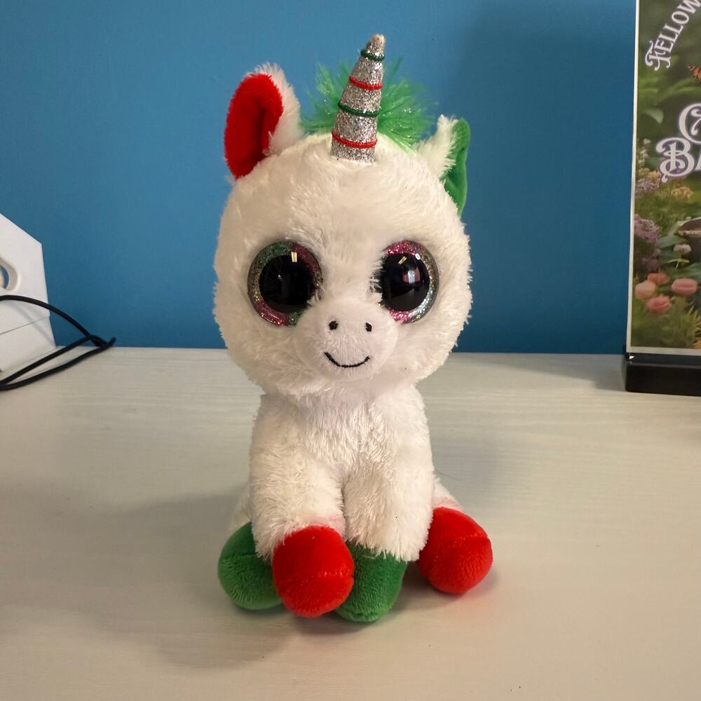 TY Beanie Boo Candy Cane Unicorn 6” White Red Green Holiday Plush EUC